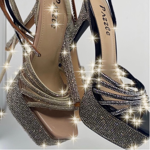 6” Bella Luna Black Strappy Ankle Wrap Rhinestone Embellished Platform Heels - Picture 4 of 7